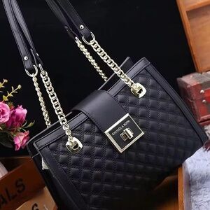 Black Quilted Tote Bag Gold Chain Faux Leather Large Shoulder Handbag.”